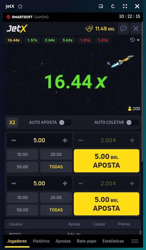 Avião do jogo Jet X voando com multiplicador em 16.44x e dois botões de apostas abaixo no valor de 5 BRL