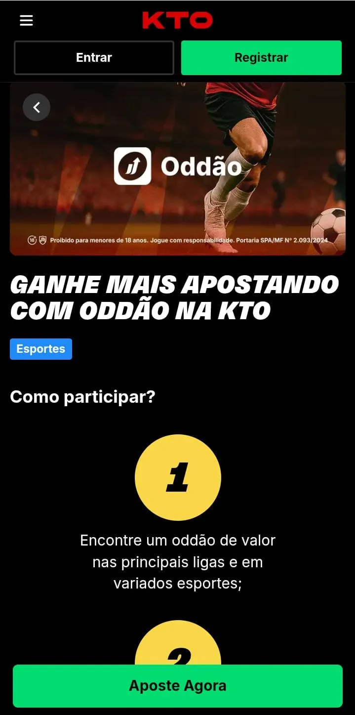 Oferta Oddão da KTO, com um jogador conduzindo uma bola no banner e texto explicativo de como participar