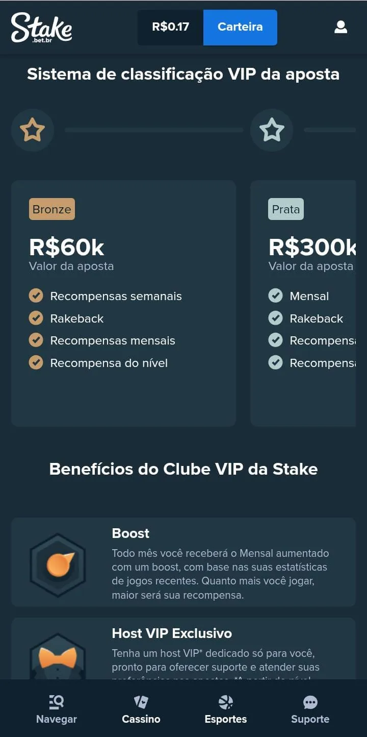Clube VIP da Stake, com os prêmios para o nível Bronze e texto dos benefícios de Boost e Host VIP exclusivo
