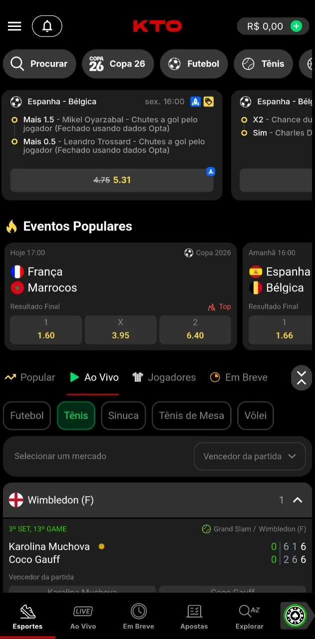 Página de esportes da KTO com principais ligas, jogos da Copa do Mundo e mercado de apostas 1x2