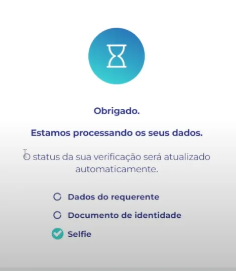 Aviso de processamento da verificação da conta com código Betano após o reconhecimento facial.