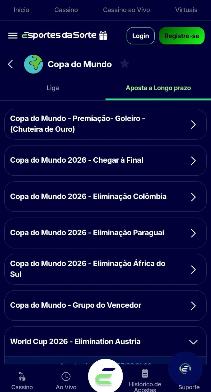 Mercados de apostas de longo prazo para a Copa do Mundo na Esportes da Sorte.