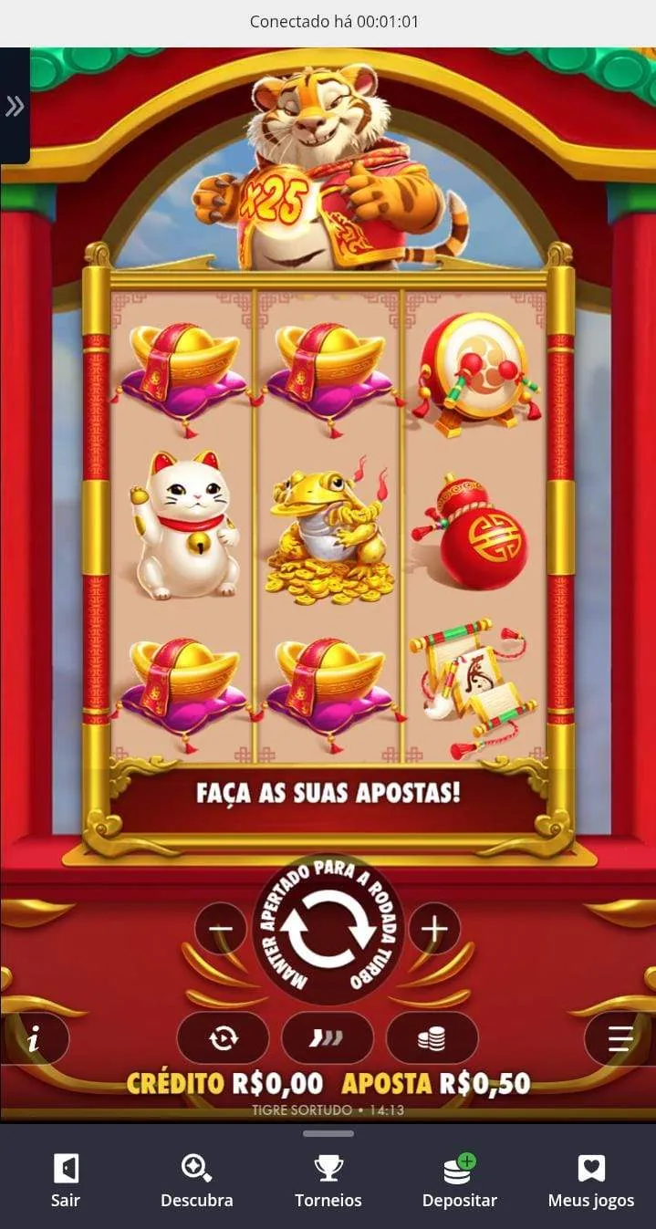 Diferentes figuras na grade 3x3 de Tigre Sortudo, com o tigre exibindo um multiplicador de 25x
