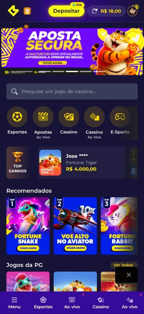 Multibet cassino com usuário que mais ganhou no dia e slots recomendados como Fortune Snake e outros.