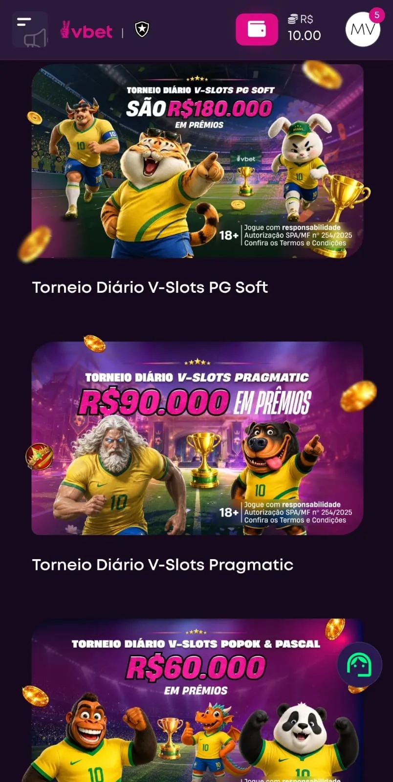 Página de promoções da Vbet com foco nos torneios diários V-slots da PG Soft e Pragmatic.
