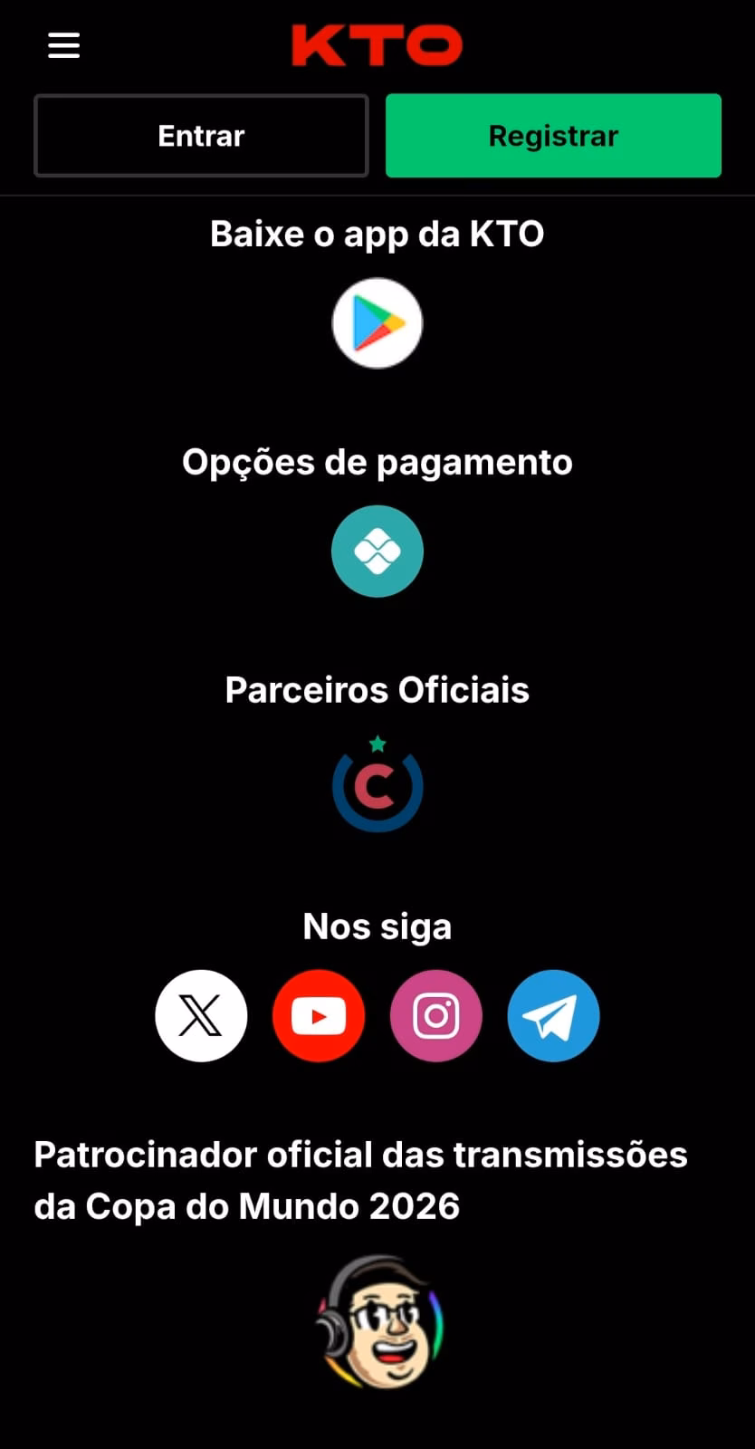 Rodapé do site KTO com ícone do Google Play para acessar o download do app.