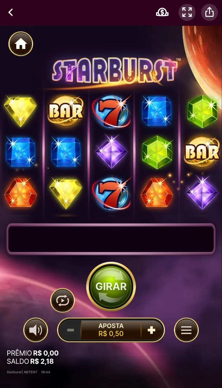 Caça-níquel Starburst na Superbet com aposta mínima de R$0,50