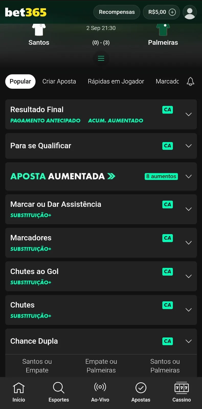 Captura de tela da página de Santos x Palmeiras com mercado de Chance Dupla na bet365