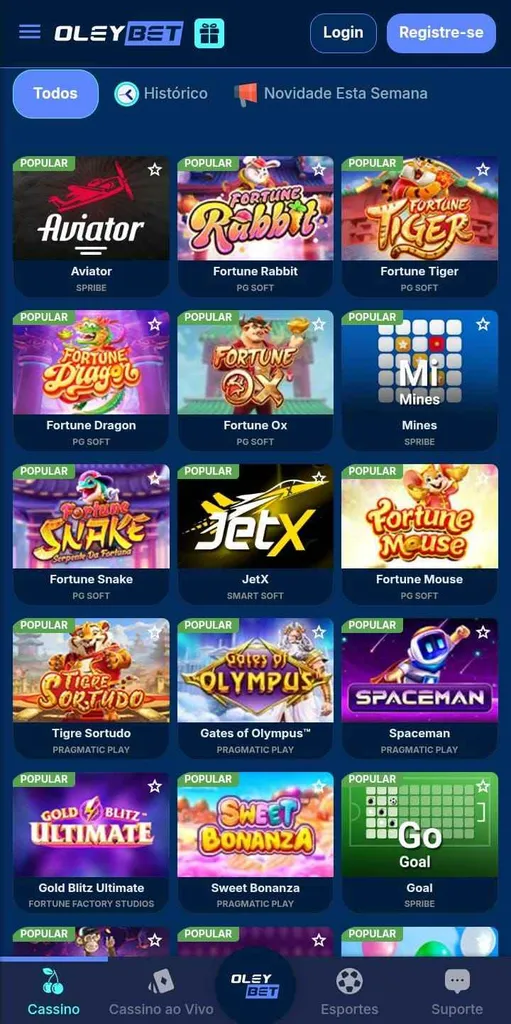 Grade com 12 jogos populares da Oleybet, como Aviator, Fortune Rabbit e Fortune Tiger