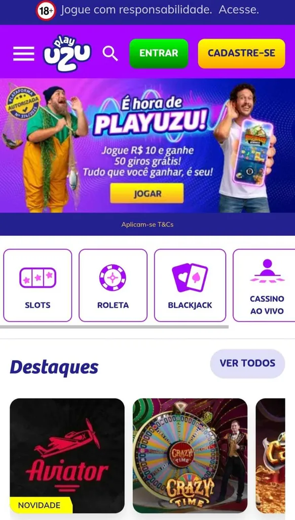 Cassino PlayUZU, com destaques para o jogo Aviator e Crazy Time e banner promocional Jogue R$10 e ganhe 50 giros gr&aacute;tis