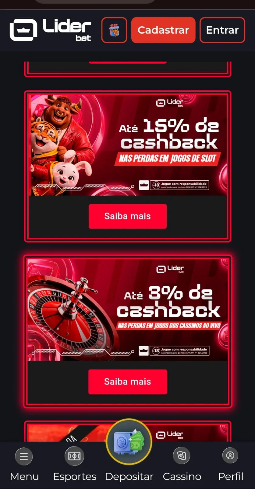 Seção de promoções da Liderbet com as ofertas de cashback da operadora.