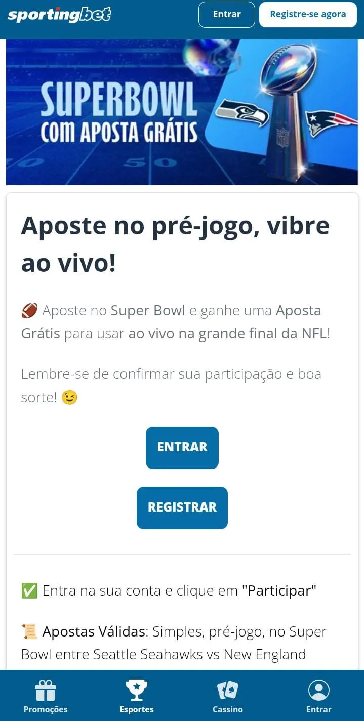 Super Bowl com aposta grátis na Sportingbet, com a taça da NFL no banner e texto informativo da oferta