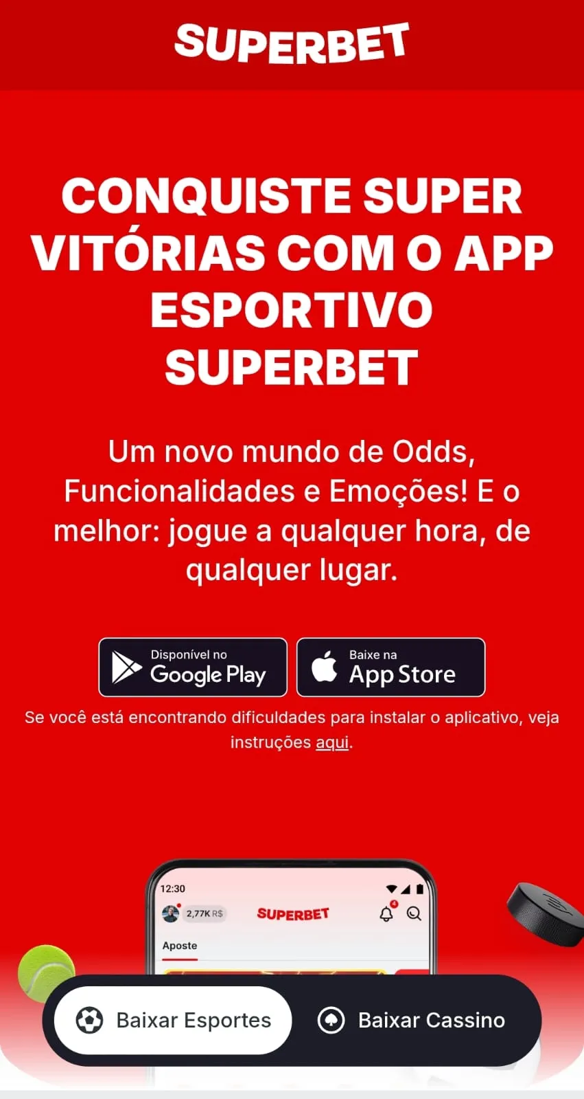 Página do aplicativo da Superbet com botões de atalho para a Play Strore e App Store