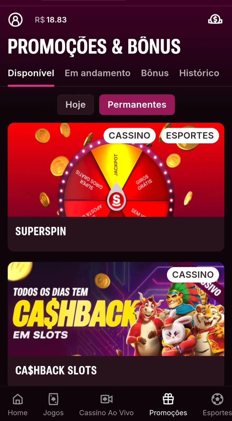 Cassino da Superbet com oferta SuperSpin e cashback em slots entre outras.