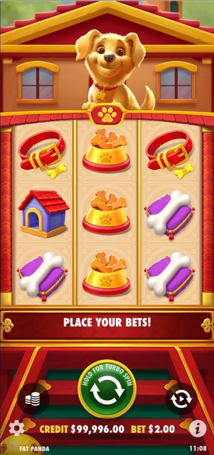 Diferentes figuras do slot Cachorro Sortudo no modo demo, com um c&atilde;ozinho acima da grade 3x3