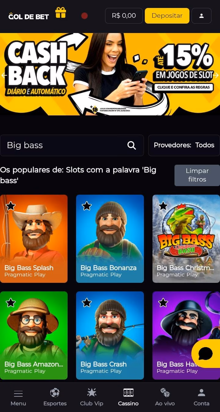 Jogos Big Bass da Gol de Bet e banner do cashback diário de até 15%
