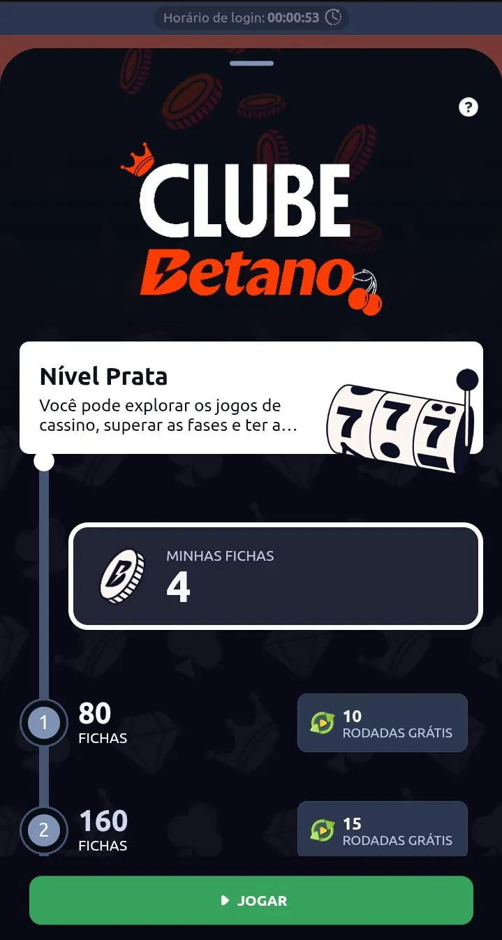 Clube Betano, com infográfico de fichas e rodadas grátis e botão Jogar
