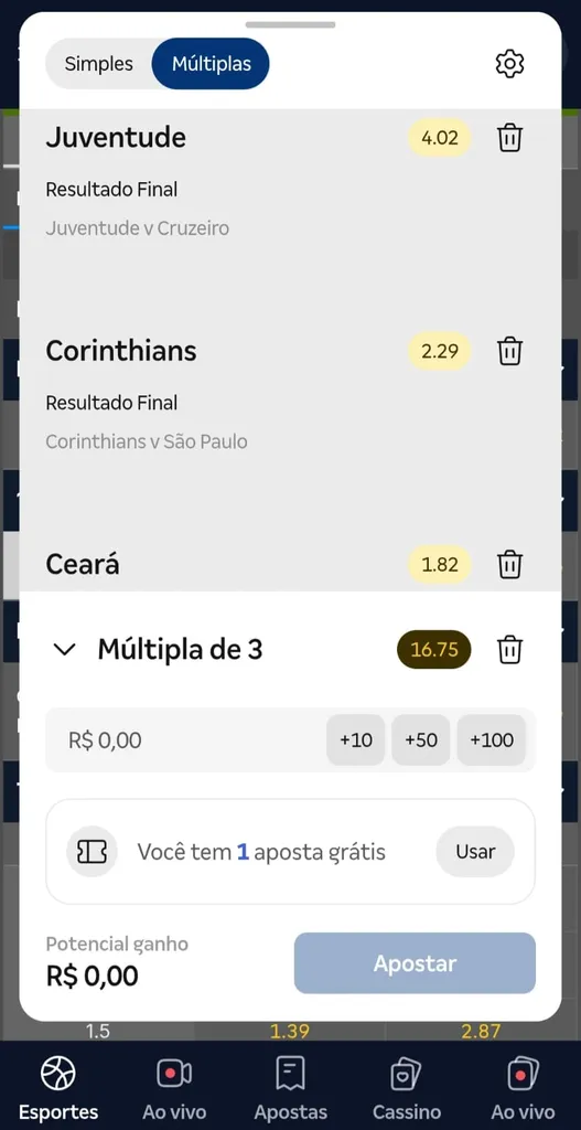 Aposta múltipla de 3 seleções  na Betnacional com mercados para Juventude, Corinthians e Ceará e odds totais de 16.75.