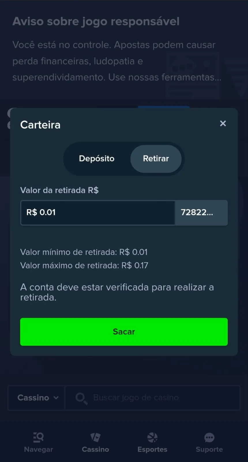 Painel da Carteira Stake com a opção de saque destacando limites mínimos de R$0,01.