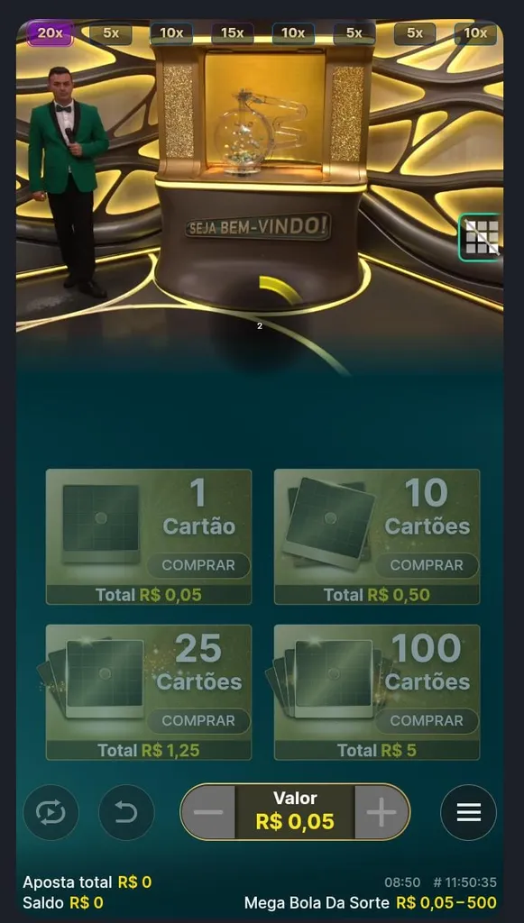 Jogo Mega Bola da Sorte com apresentador em pé interagindo com os jogadores. Aposta definida em 5 centavos.