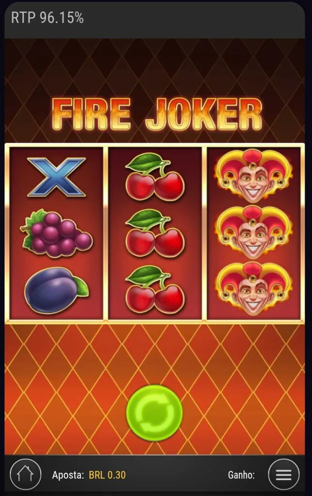 Símbolos de frutas e palhaço na grade 3x3 do slot Fire Joker, com RTP de 96.15% e valor da aposta em  R$0,30