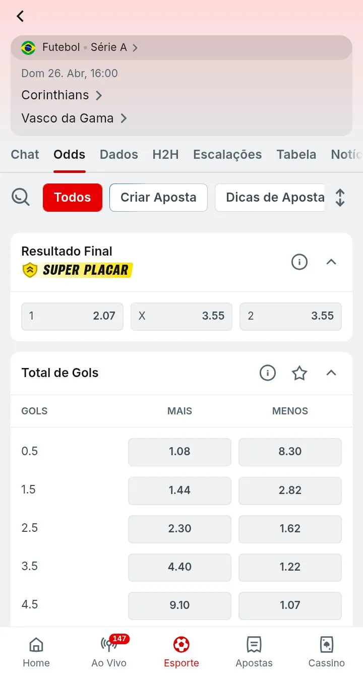 Mercados de aposta no jogo Corinthians x Vasco, incluindo resultado final com oferta SuperPlacar
