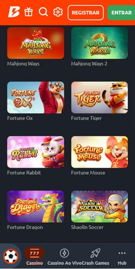Seleção de 8 jogos na Betano, cincluindo Fortune Ox, Forune Mouse, Fortune Tiger e Shaolin Soccer