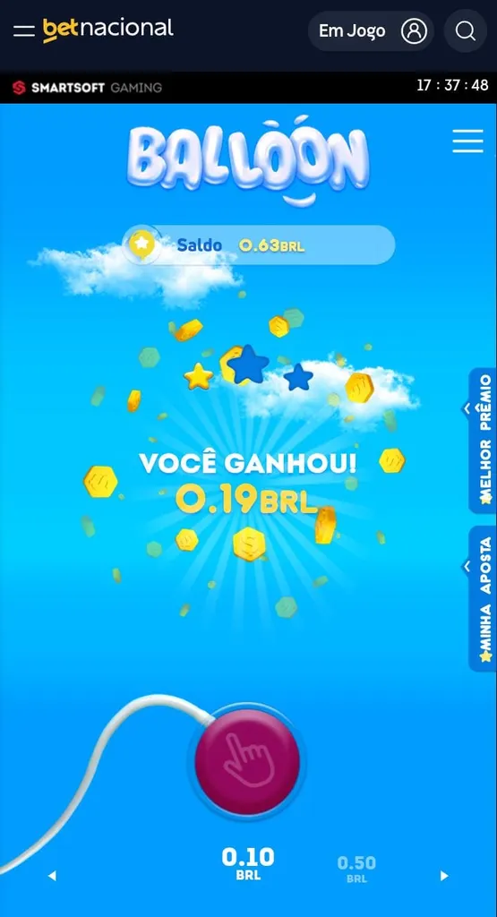 Aposta ganha no jogo Balloon na Betnacional com prêmio de R$ 0,19 em aposta de R$ 0,10.