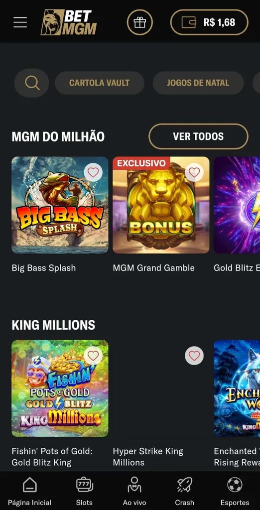 Aplicativo BetMGM exibindo a seção de slots com jogos em destaque como Big Bass Splash, MGM Grand Gamble, Gold Blitz e King Millions.