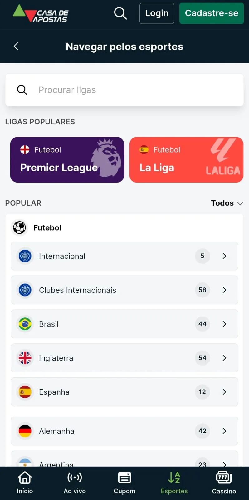 Menu de navegação da Casa de Apostas com opções de futebol.