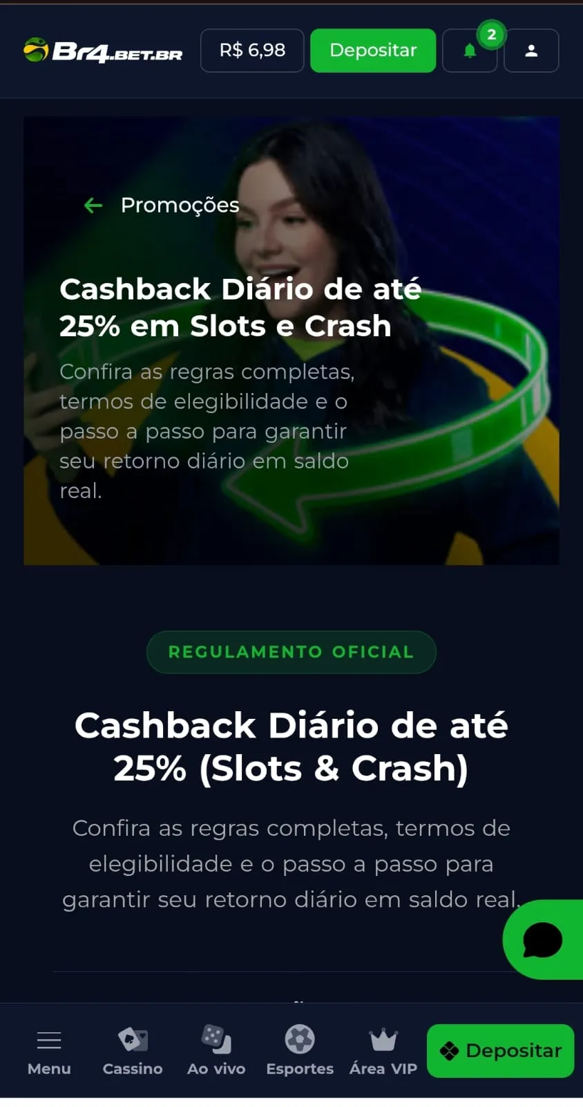 Print da página promocional da oferta de cashback diário de até 25% para slots e crash games da Br4bet.