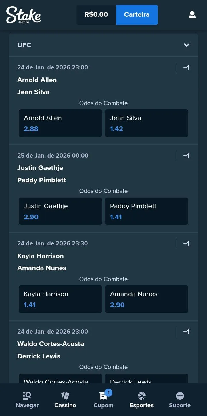 Odds para o mercado de vencedor de diferentes confrontos de UFC na Stake
