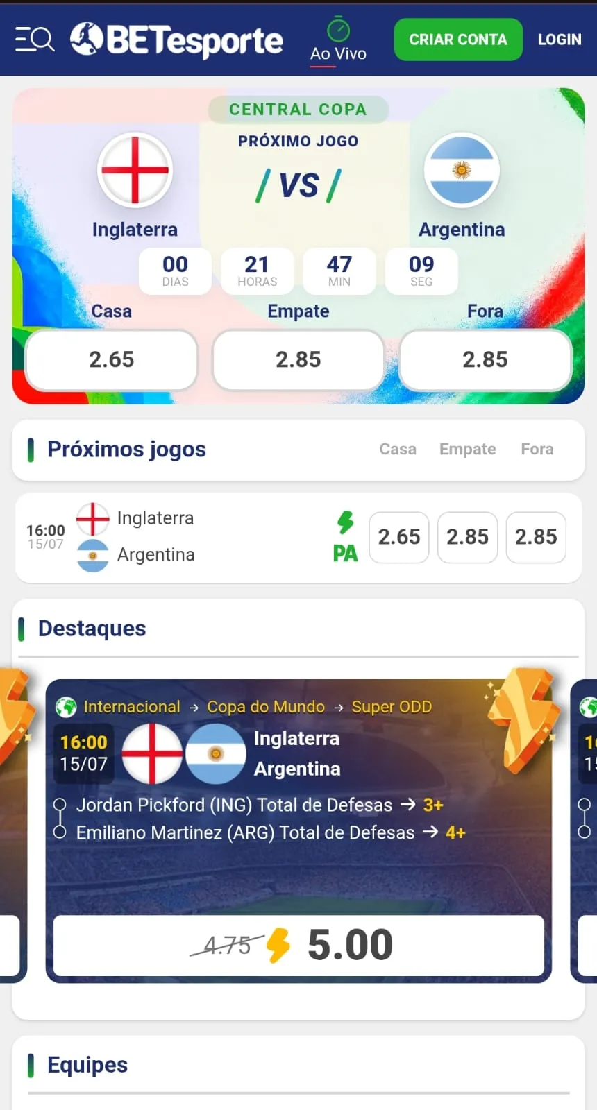 Print da central da Copa na BETesporte no mercado da semifinal entre Inglaterra x Argentina, com destaque para as Super Odds.