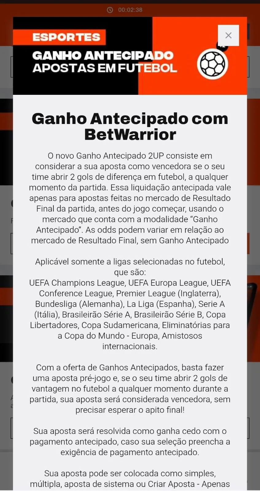 Print dos termos da oferta de ganho antecipado com dois gols de vantagem da Betwarrior.