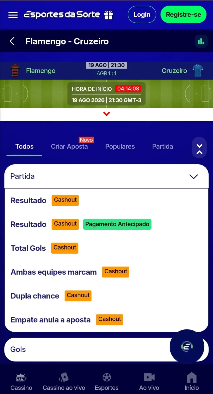 Partida de futebol na Esportes da Sorte com opção de Cash out informada diretamente nos mercados na 