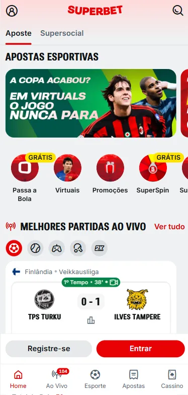 Página da Superbet, com destaque para a campanha jogos virtuais e promoções
