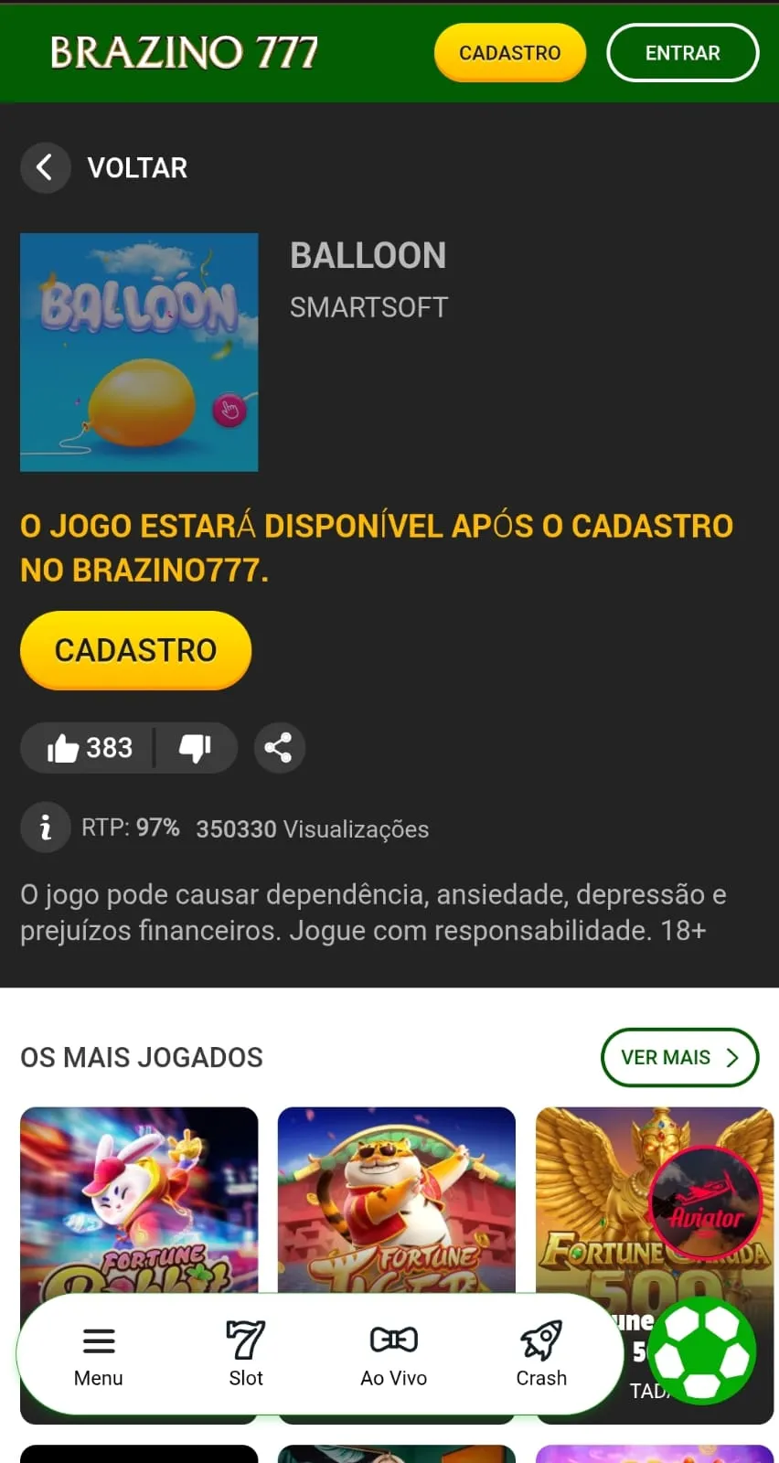 Página inicial do Ballon na Brazino777 com informações do RTP de 97% do título.