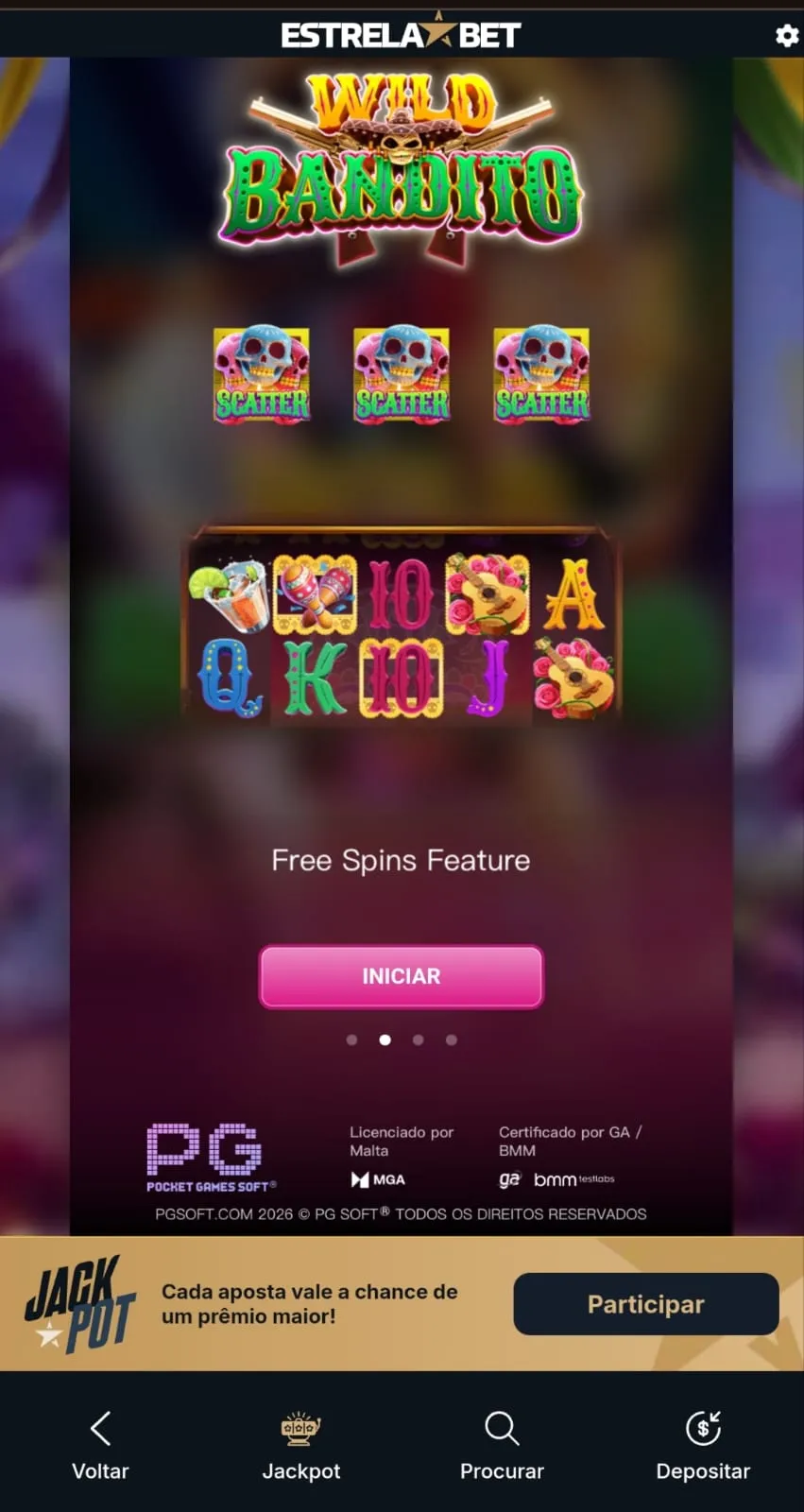  Tela de carregamento do Slot Wild Bandito com a função de Free Spins na Estrelabet, com destaque para a oferta de jackpot da operadora.
Data: 22/05/26