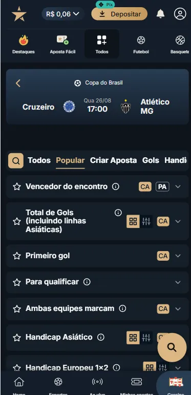 Mercados de apostas disponíveis para a partida de Cruzeiro x Atlético MG na Copa do Brasil