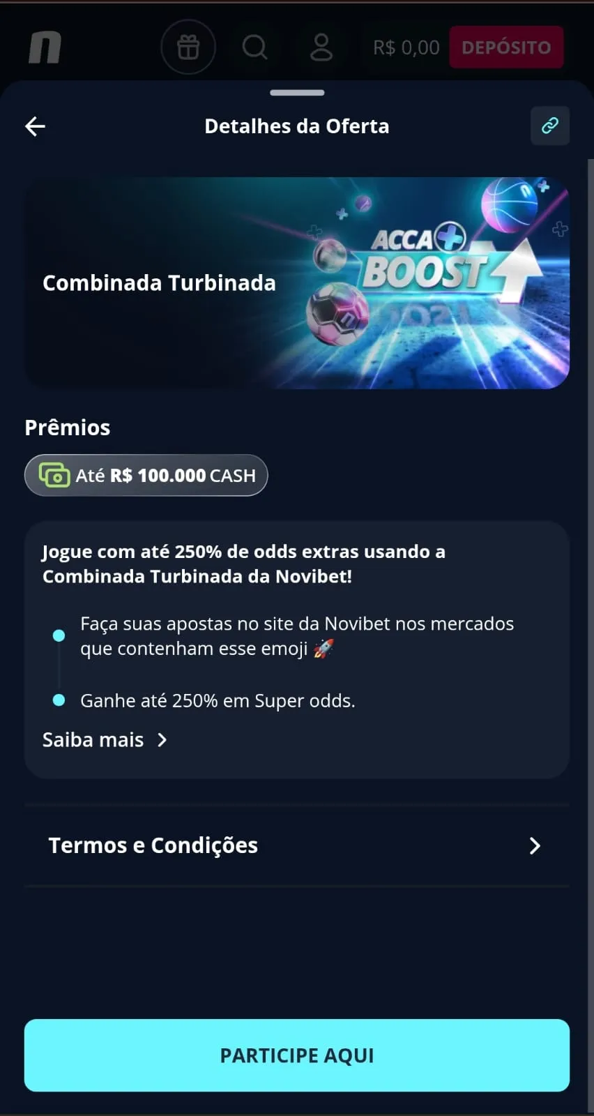 Oferta Combinada Turbinada que aumenta o ganho potencial conforme o número de seleções nas múltiplas na Novibet.
