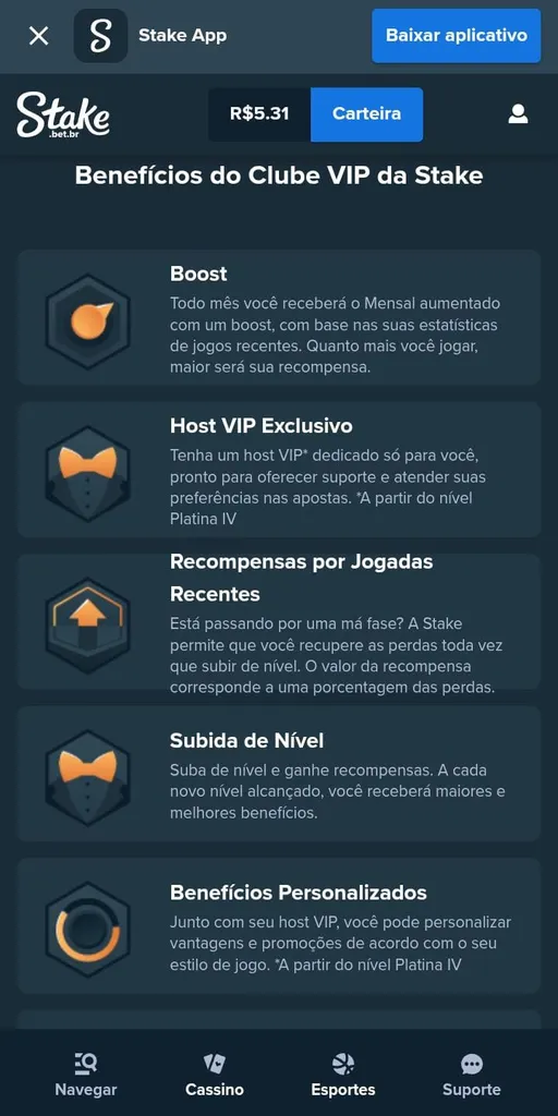 Página dos benefícios do Clube VIP da Stake