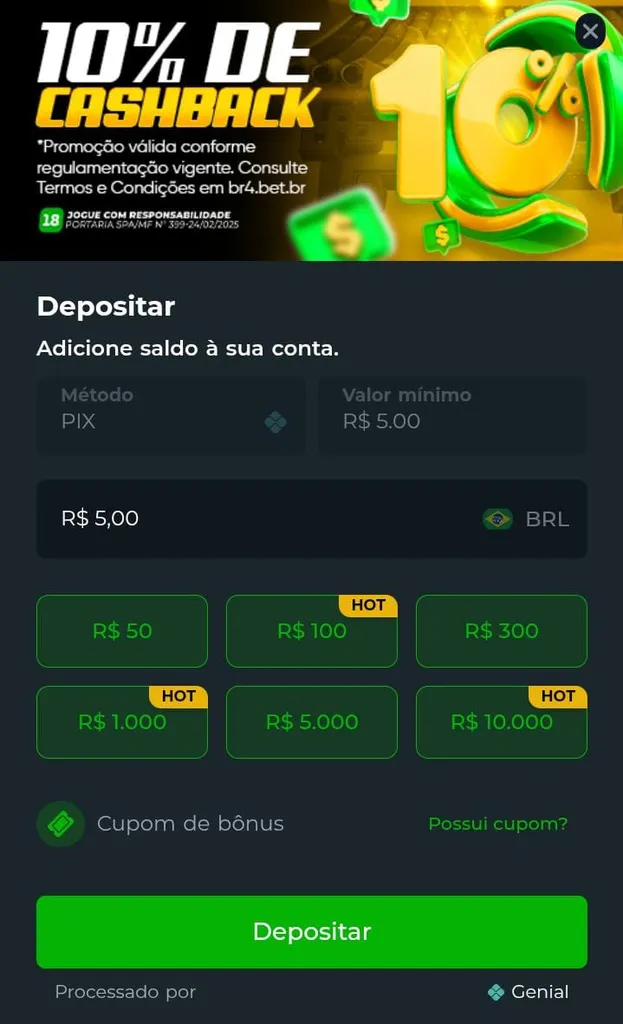 Página de depósito da BR4Bet