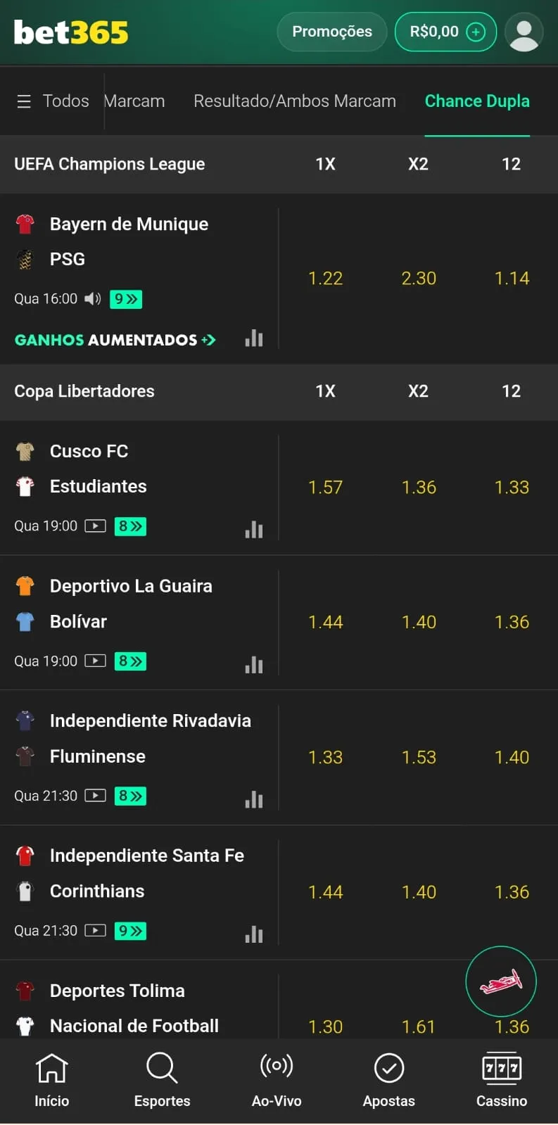 Captura de tela da página de eventos no mercado Chance Dupla na bet365