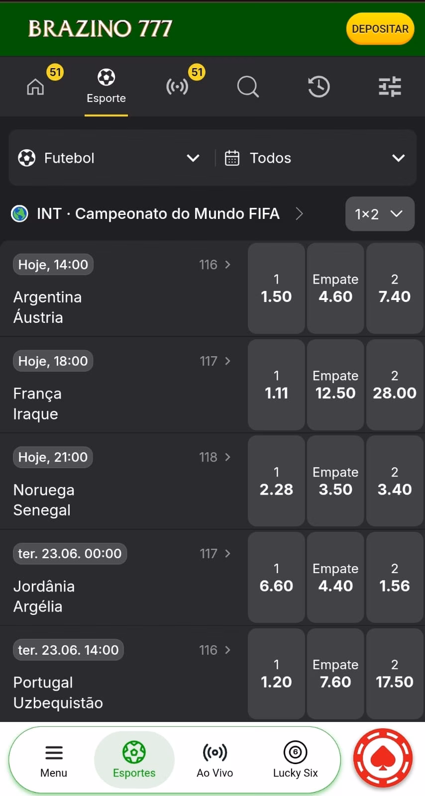 Lista de 5 apostas esportivas na Brazino777, incluindo jogos da Copa do Mundo com o mercado resultado final