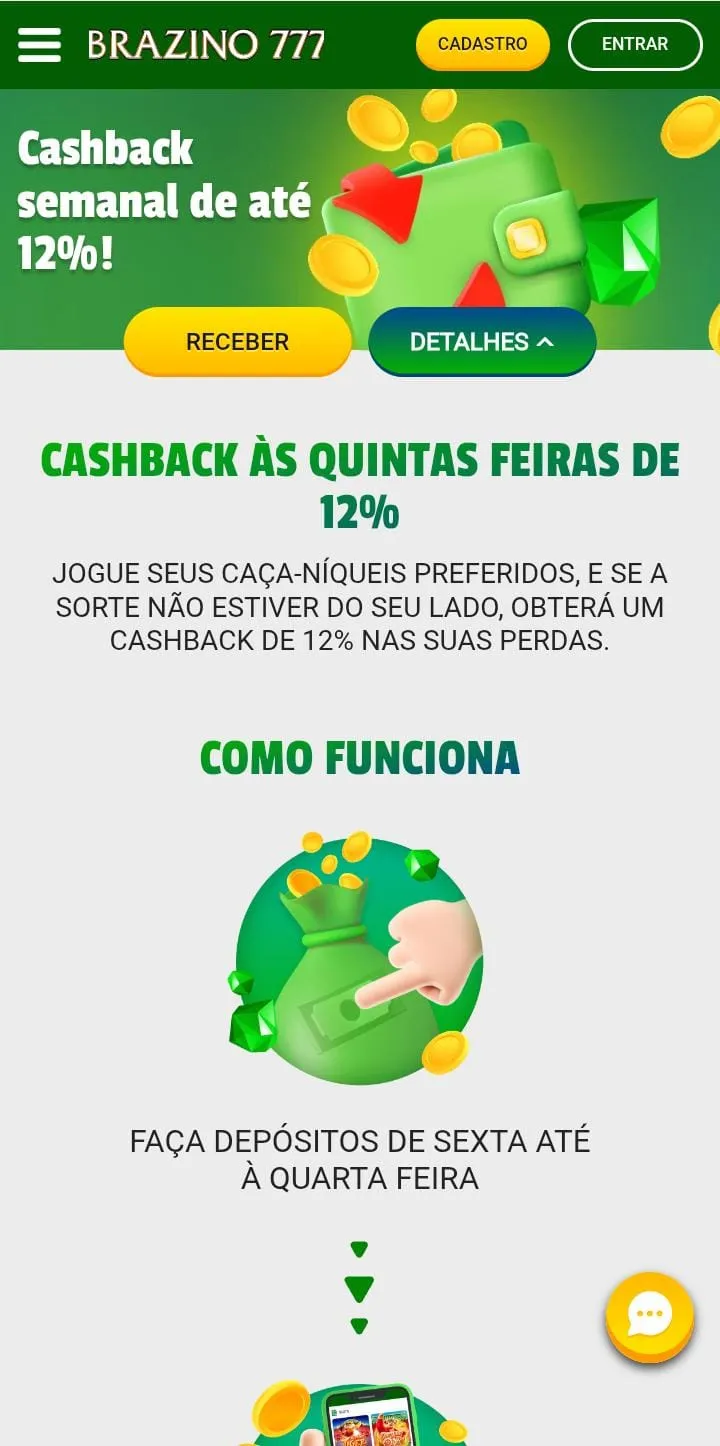 Cashback semanal de até 12% na Brazino777, com infográfico explicando como funciona a oferta