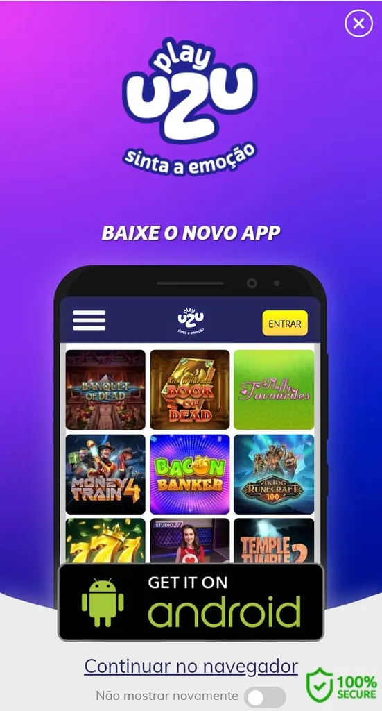 Página de download do app da PlayUZU para celulares Android e opção para continuar o acesso pelo navegador.