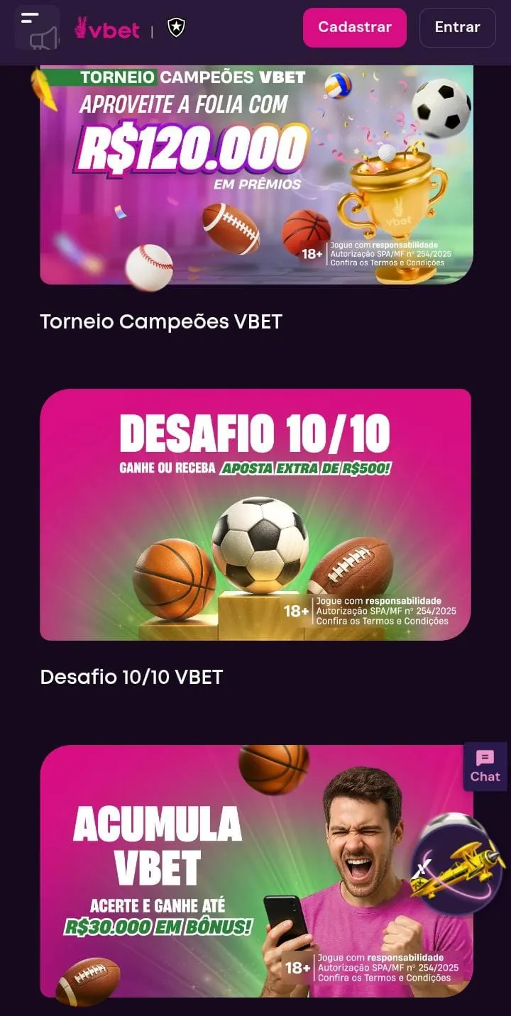 Promoções da Vbet, incluindo Torneio Campeões Vbet, Desafio 10/10 e Acumula Vbet