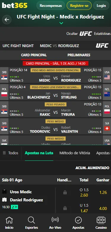 Lutas do UFC com destaque para as estatísticas dos principais confrontos do UFC Fight Night na Bet365