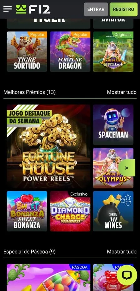 Gates of Olympus na F12.Bet ao lado de jogos como Spaceman, Mines e outros.
