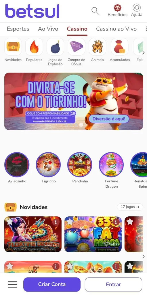 Banner Divirta-se com o tigrinho na Betsul e exibição de alguns jogos novos do cassino online